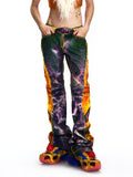 PRINTED PATCHWORK FLARED DENIM PANTS