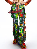 FAUX LAYERED GRAPHIC FAUX LEATHER UTILITY TROUSERS