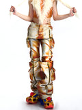 FAUX LAYERED GRAPHIC FAUX LEATHER UTILITY TROUSERS