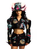 FAUX FUR & LEATHER BASEBALL HAT WITH CRYSTAL