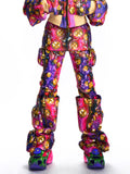 FAUX LAYERED GRAPHIC FAUX LEATHER UTILITY TROUSERS