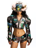 FAUX FUR & LEATHER BASEBALL HAT WITH CRYSTAL