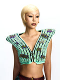 PATCHWORK HOODED VEST ADORNED WITH CRYSTALS