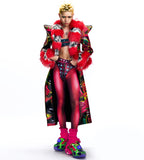 LONG GRAPHIC LEATHER JACKET WITH DETACHABLE FAUX FUR COLLAR