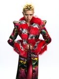 LONG GRAPHIC LEATHER JACKET WITH DETACHABLE FAUX FUR COLLAR