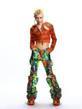FAUX LAYERED GRAPHIC FAUX LEATHER UTILITY TROUSERS