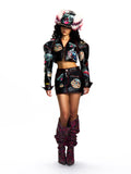 FAUX FUR & LEATHER BASEBALL HAT WITH CRYSTAL