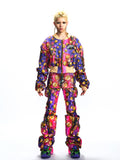 FAUX LAYERED GRAPHIC FAUX LEATHER UTILITY TROUSERS
