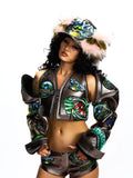 FAUX FUR & LEATHER BASEBALL HAT WITH CRYSTAL