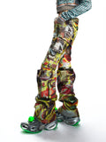 FAUX LAYERED GRAPHIC FAUX LEATHER UTILITY TROUSERS