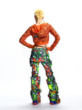 FAUX LAYERED GRAPHIC FAUX LEATHER UTILITY TROUSERS