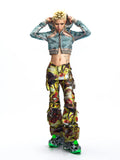 FAUX LAYERED GRAPHIC FAUX LEATHER UTILITY TROUSERS