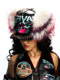 FAUX FUR & LEATHER BASEBALL HAT WITH CRYSTAL
