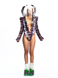 ASTRONAUT HELMET FAUX FUR BODYSUIT WITH CRYSTAL