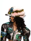 FAUX FUR & LEATHER BASEBALL HAT WITH CRYSTAL