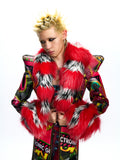 LONG GRAPHIC LEATHER JACKET WITH DETACHABLE FAUX FUR COLLAR
