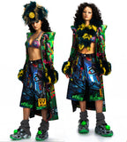 LONG GRAPHIC LEATHER JACKET WITH DETACHABLE FAUX FUR COLLAR