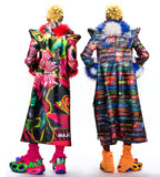 LONG GRAPHIC LEATHER JACKET WITH DETACHABLE FAUX FUR COLLAR